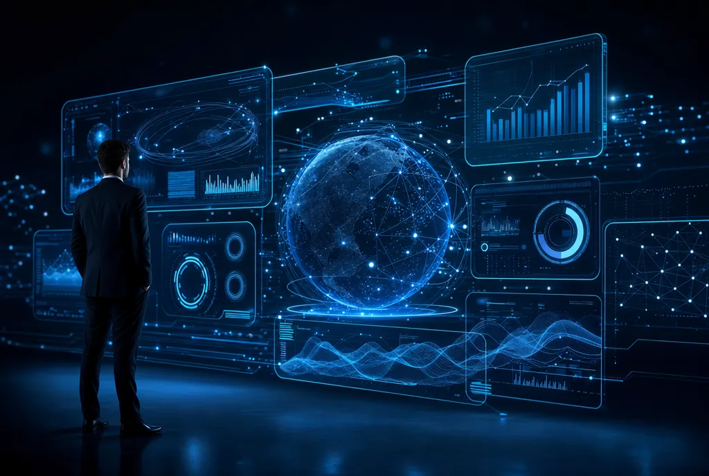 An analyst reviewing glowing holographic data dashboards, representing OPHION's data-driven engineering