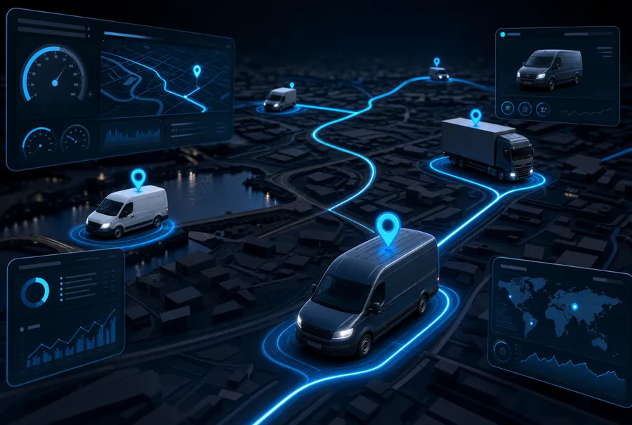A dark city map with glowing GPS routes, delivery vehicles, and telematics dashboards, representing Fleet.Click