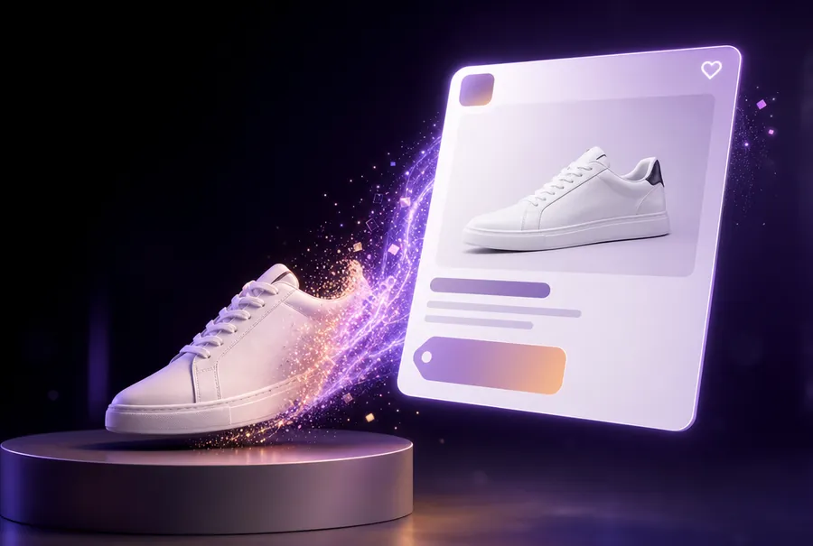 A product photo being transformed by AI into a polished marketplace listing card, representing PicSellence