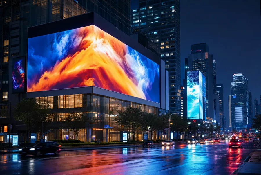 A night city skyline with large glowing digital advertising billboards, representing Pixel Plaza
