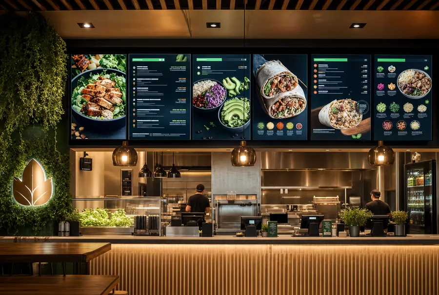 A modern restaurant with glowing digital menu board screens above the counter, representing Screenza
