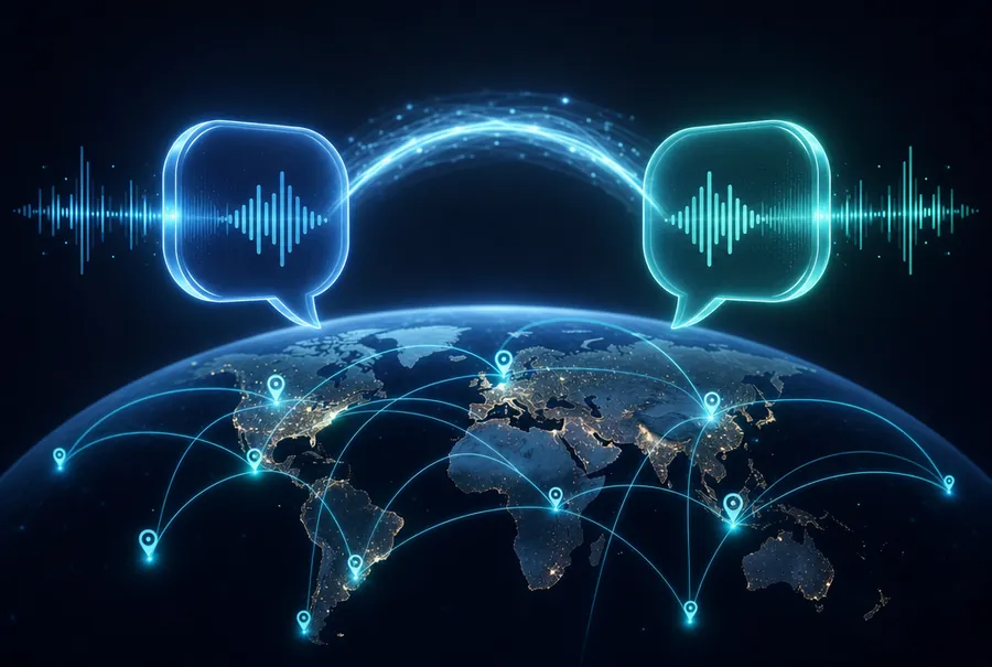 Two speech bubbles connected over a globe with location pins, representing SpeakLink real-time voice translation