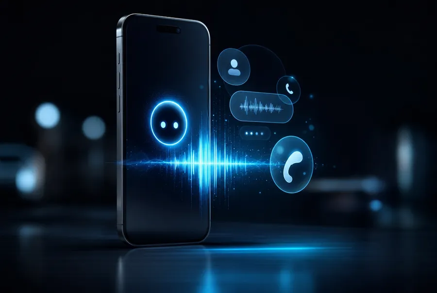 A smartphone projecting an AI voice waveform and call interface, representing ThinkLink AI phone assistants